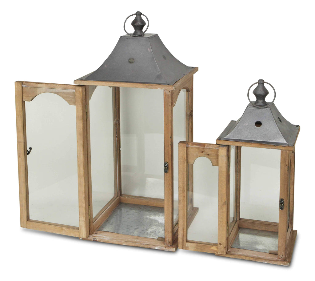 Set of 2 Brown Wood Frame Glass and Metal Top Lanterns W372
