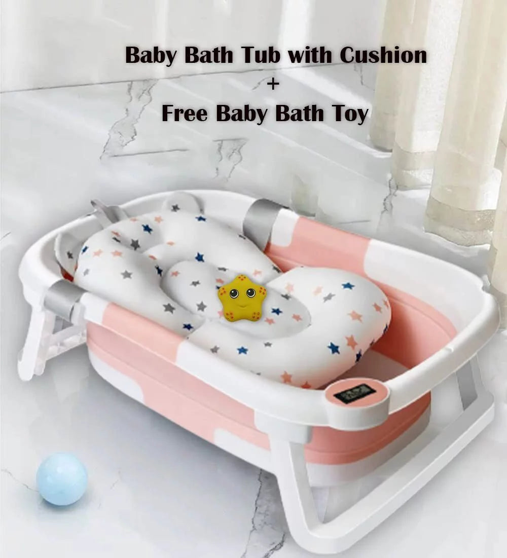 Collapsible Newborn Baby Bathtub with Pillow Cushion Support Bath Net Temperature Sensor Pink D569019