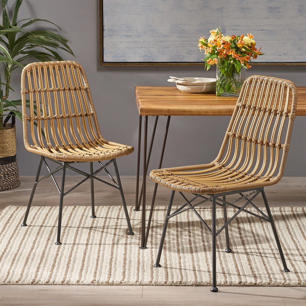 Light Brown Black Wicker Dining Chairs Set of 2 E66538