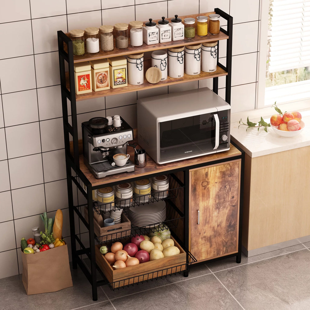 Large Brown Wood Bakers Rack with Baskets and Cabinet S249270