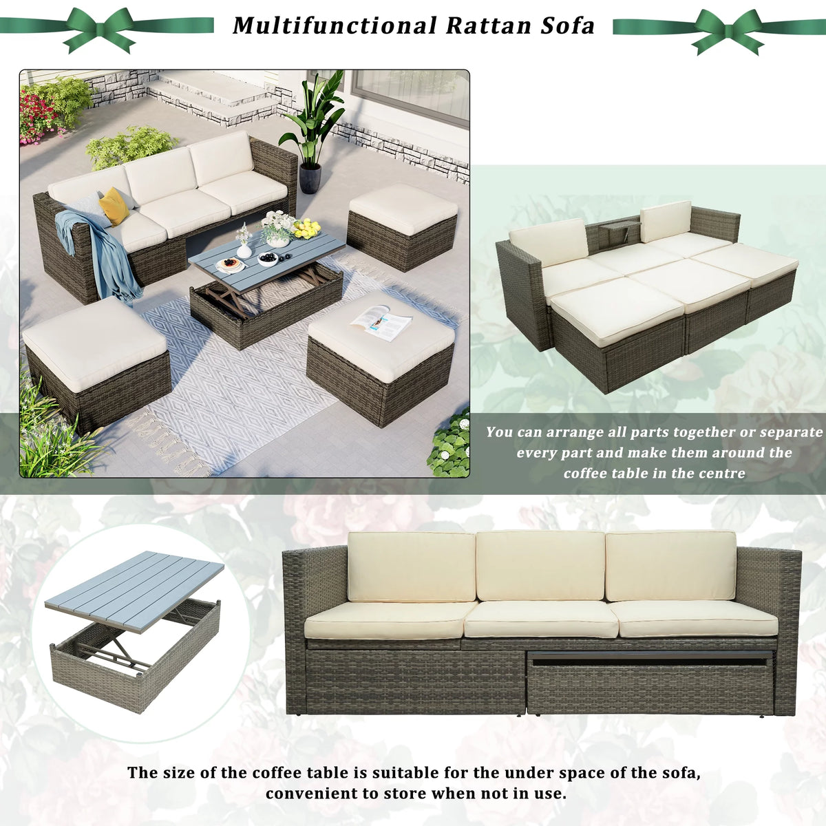 5-Piece PE Rattan Patio Furniture Set with Cushions and Coffee Table M29306