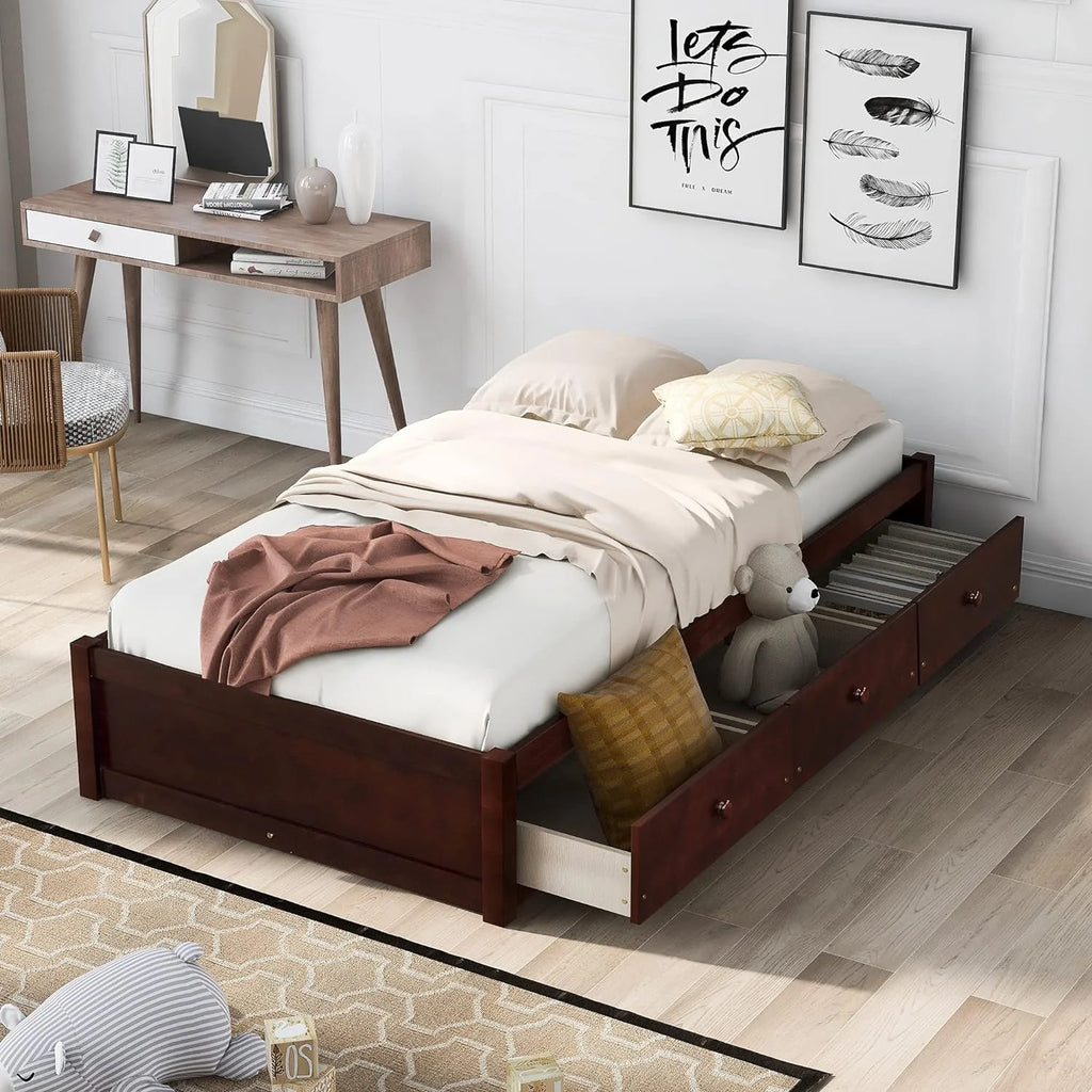 Cherry Wood Platform Bed Frame With 3 Drawers T6123