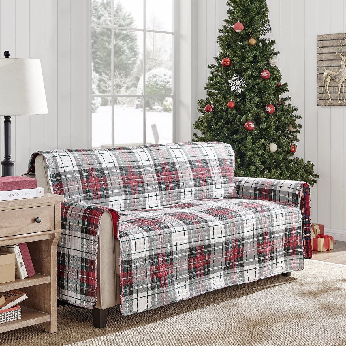 Plaid Furniture Cover Small Reversible Cotton Microfiber O205975