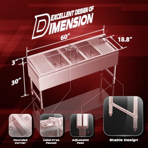 3 Compartment 304 Stainless Steel Under Bar Sink with Faucet O32164