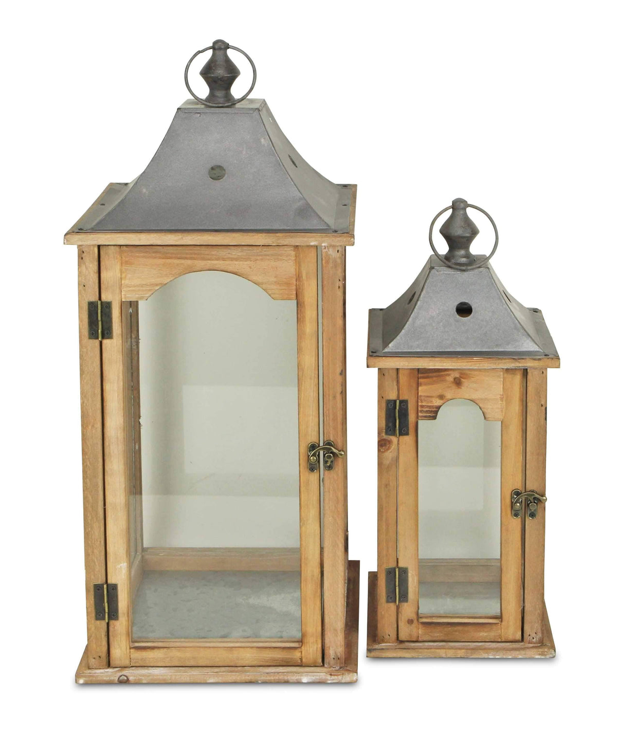 Set of 2 Brown Wood Frame Glass and Metal Top Lanterns W372