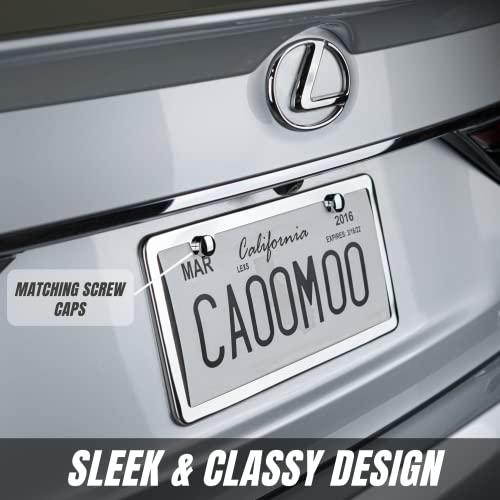 2 Stainless Steel Mirror License Plate Frame + Chrome Screw Caps M18231