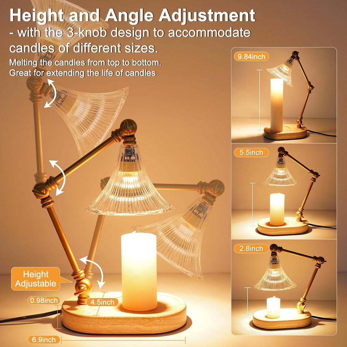 Candle Warmer Lamp with Timer, Adjustable Height, Dimmable Electric Candle Lamp Warmer with 2 Bulbs S86562