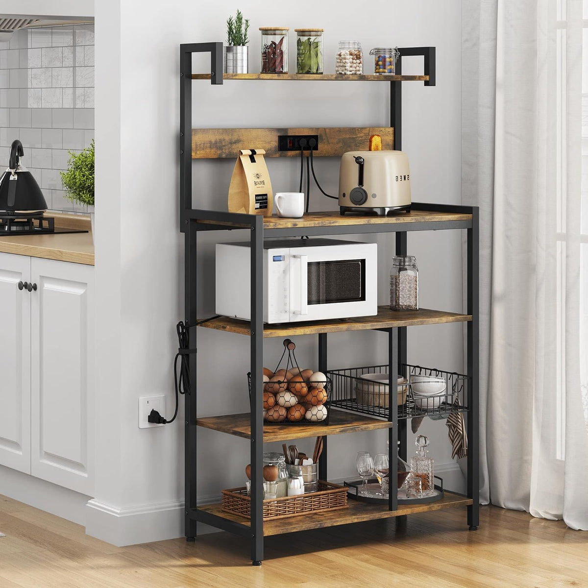 Rustic Brown 5-Tier Bakers Rack with Power Outlet R426
