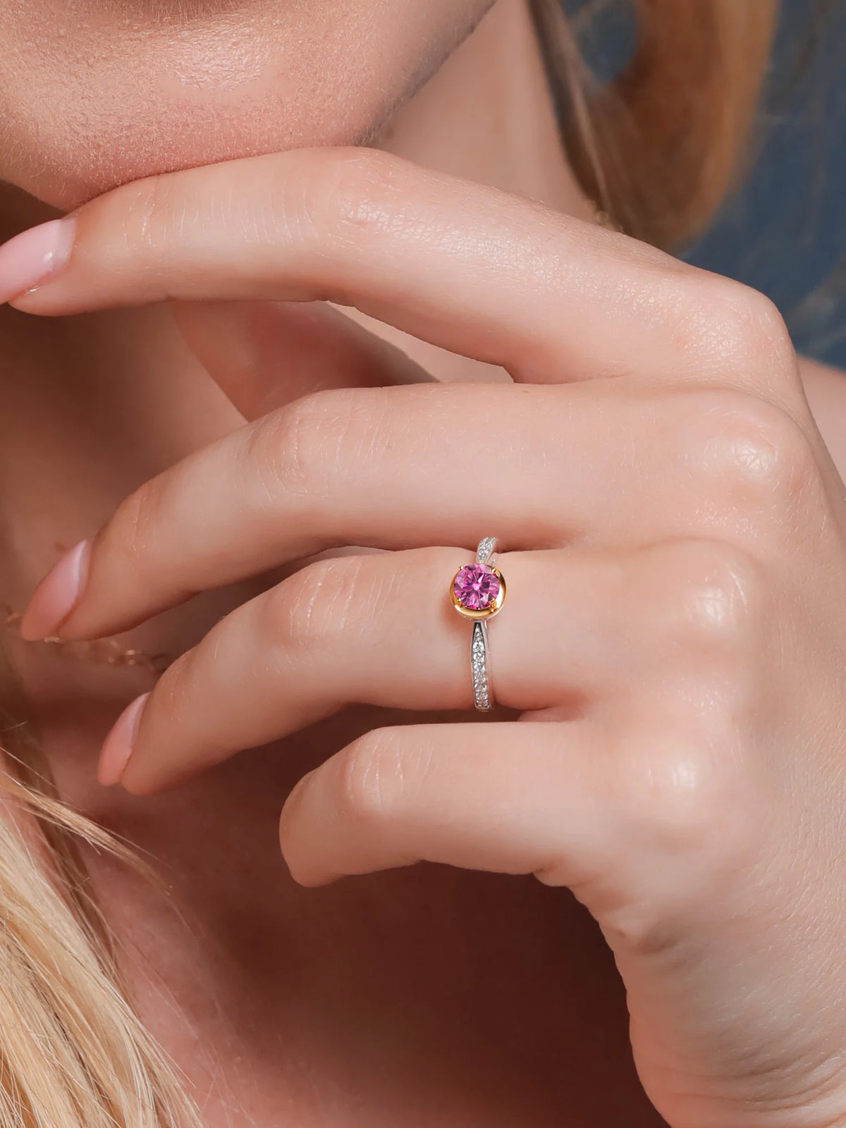 Pink Moissanite and Lab Grown Diamond 925 Silver Ring Z781