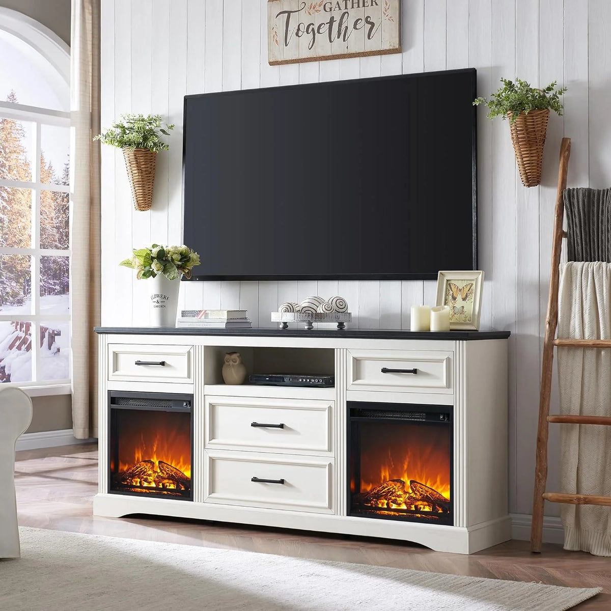 White Fireplace TV Stand with 4 Drawers F7761