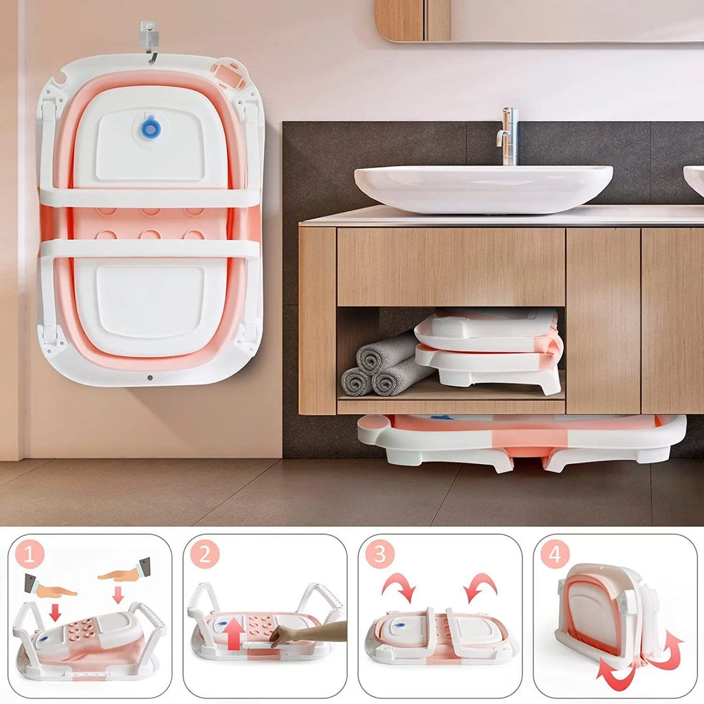 Collapsible Newborn Baby Bathtub with Pillow Cushion Support Bath Net Temperature Sensor Pink D569019