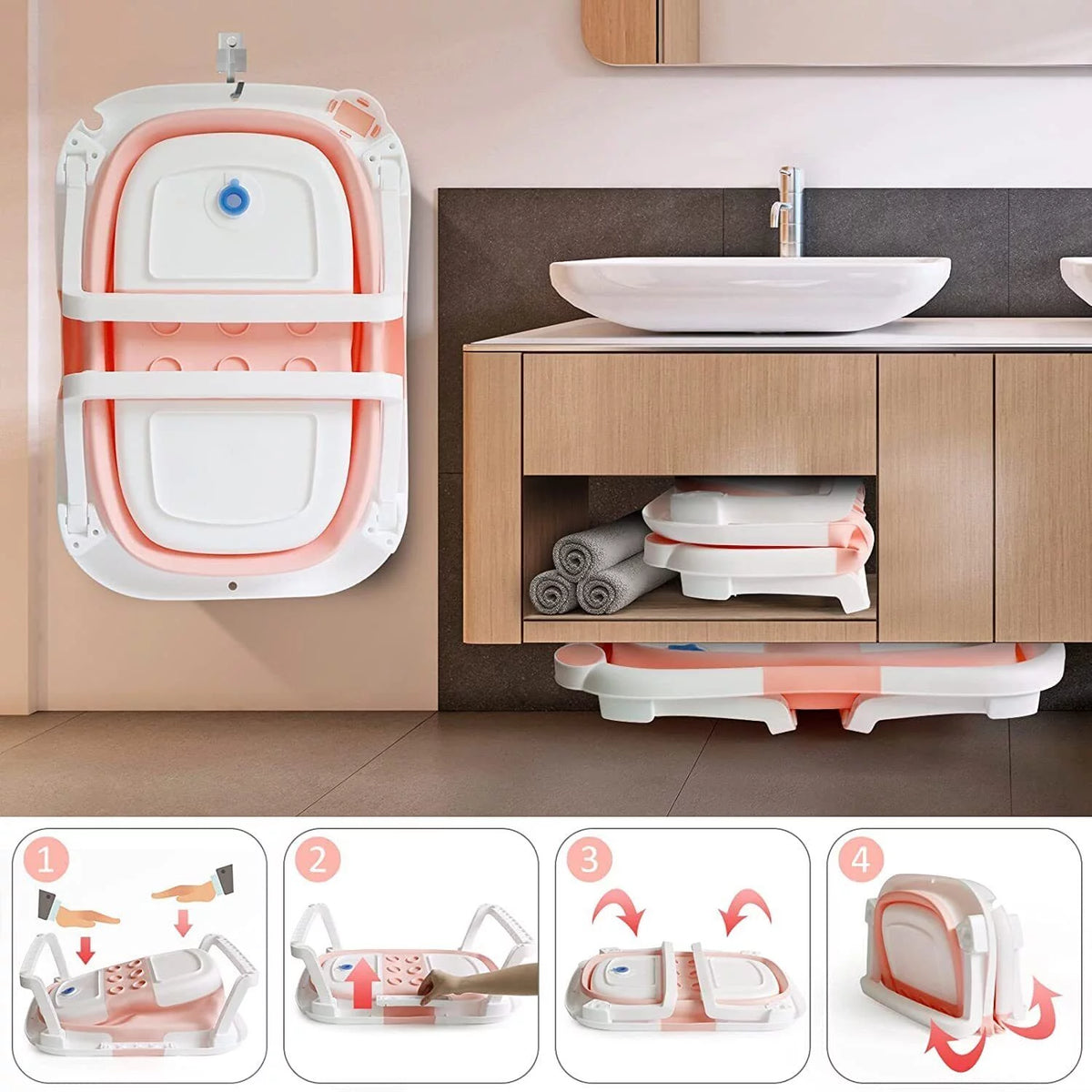 Collapsible Newborn Baby Bathtub with Pillow Cushion Support Bath Net Temperature Sensor Pink D569019
