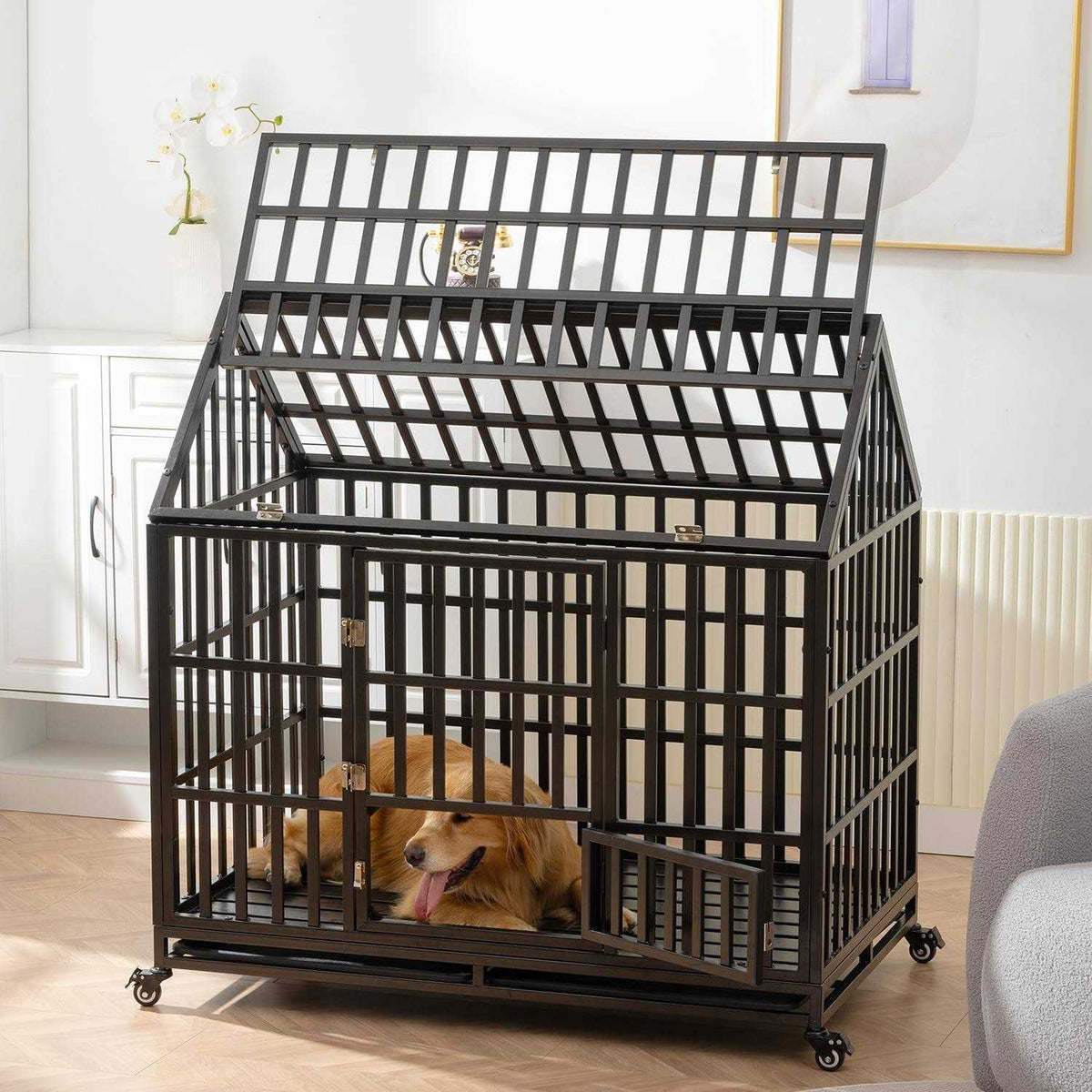 Heavy Duty Metal Dog Crate with 4 Lockable Wheels Y334273