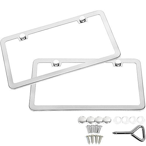 2 Stainless Steel Mirror License Plate Frame + Chrome Screw Caps M18231