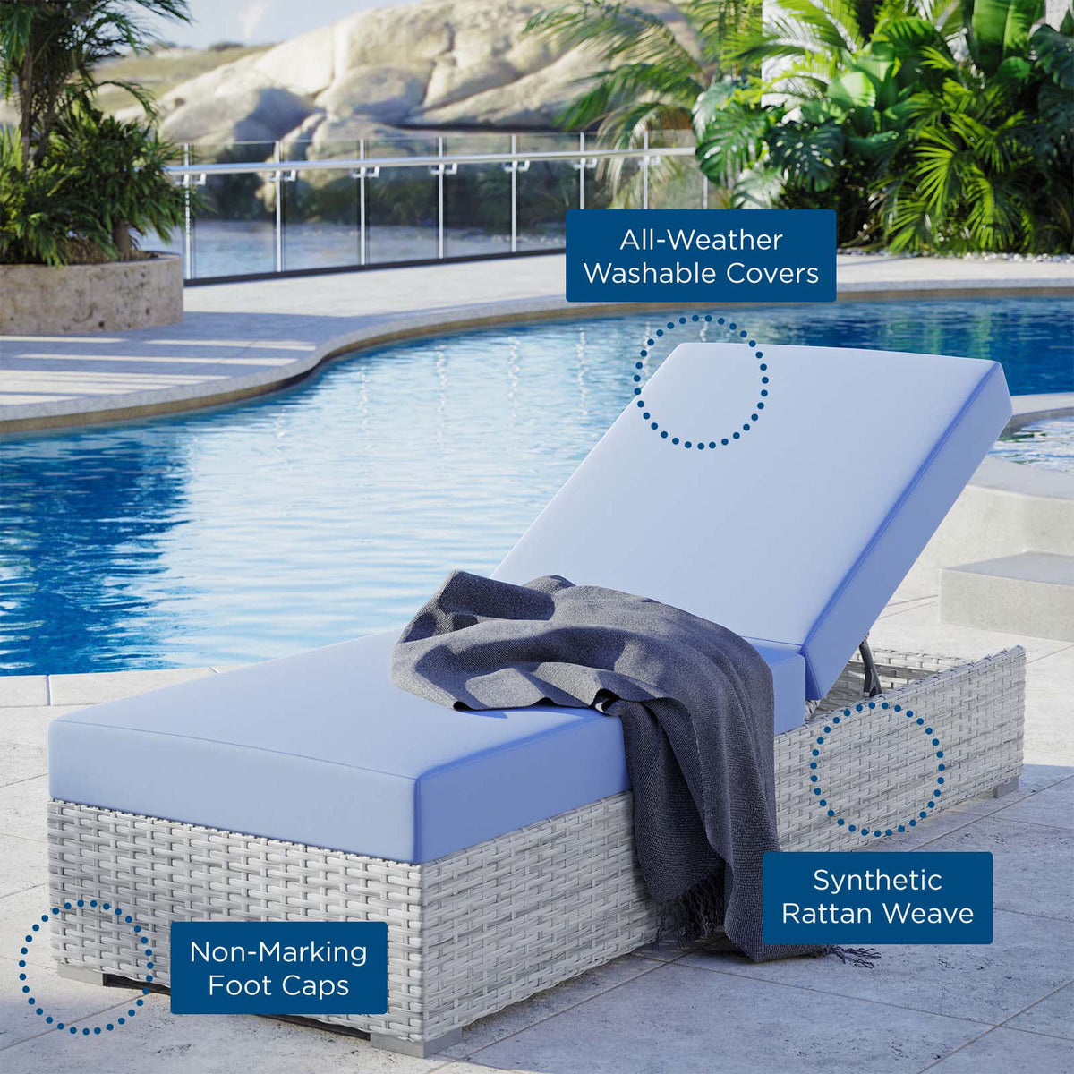 Light Grey Light Blue Rattan Wicker Lounge Chair Q32888