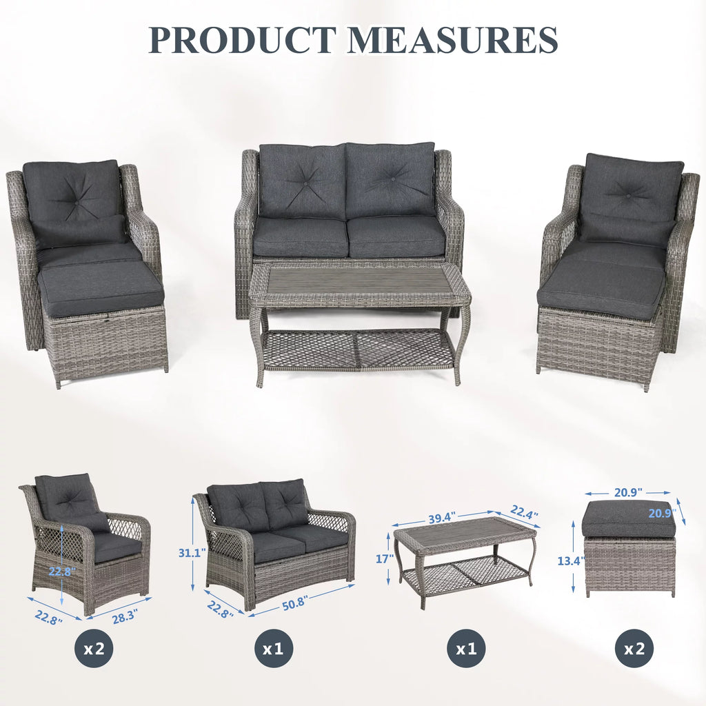 6 Piece Grey Rattan Patio Furniture Set with Ottoman J415