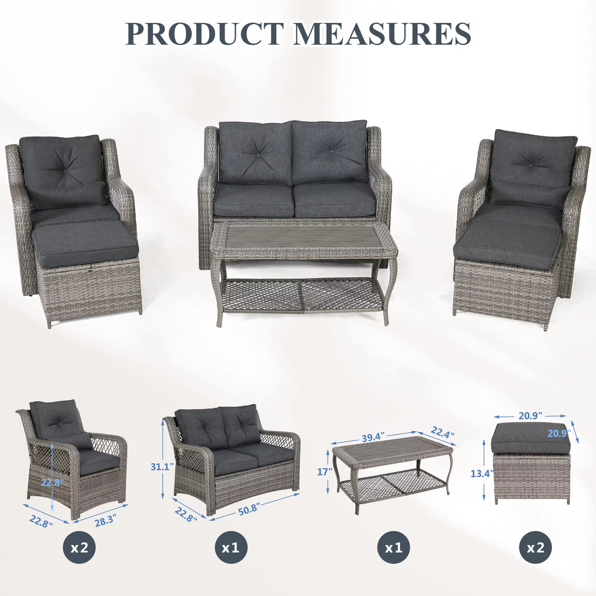 6 Piece Grey Rattan Patio Furniture Set with Ottoman J415