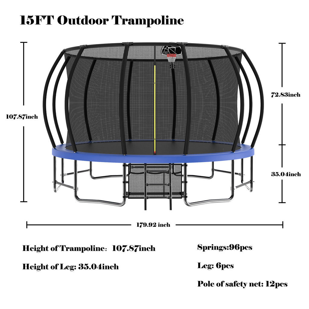 15FT Trampoline with Basketball Hoop, Blue, with Enclosure Net & Ladder C388678