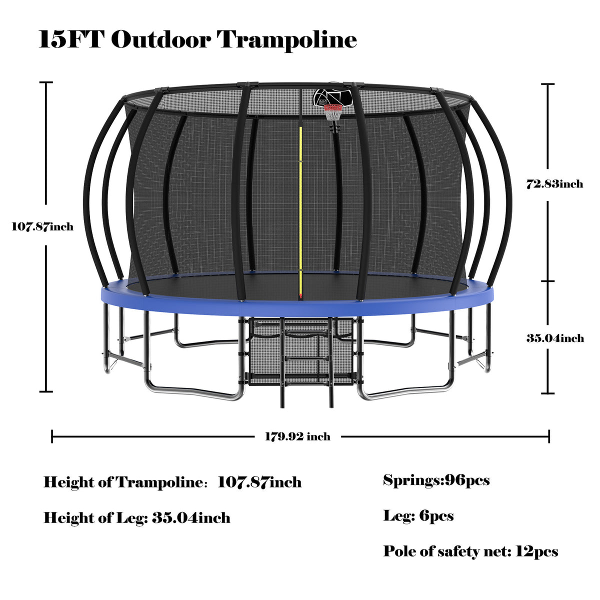 15FT Trampoline with Basketball Hoop, Blue, with Enclosure Net & Ladder C388678