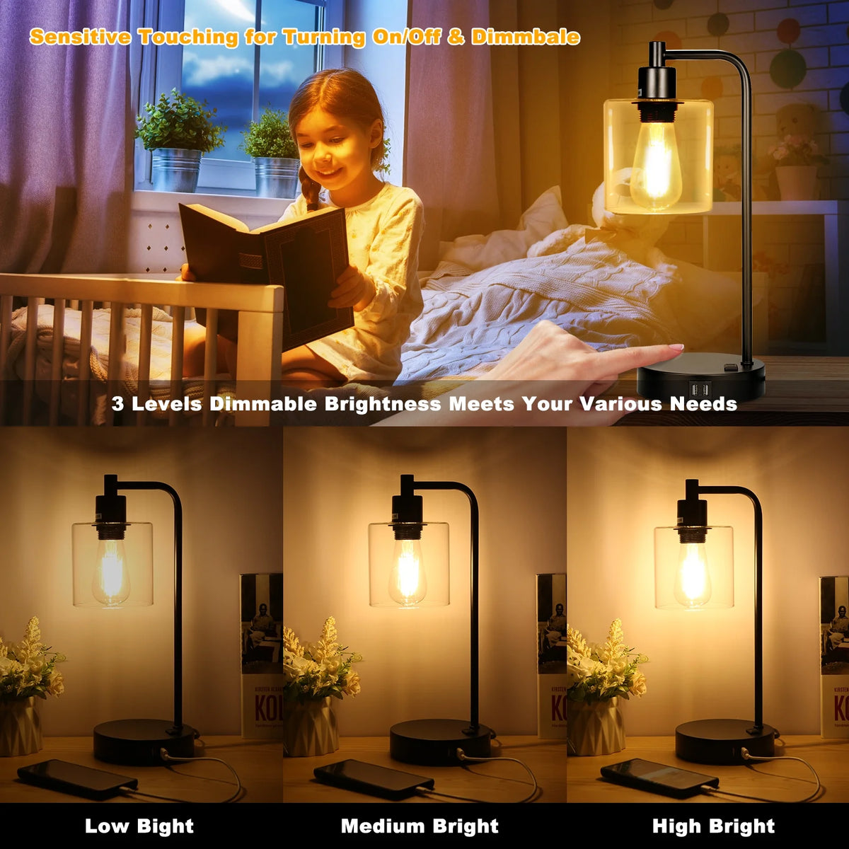 2-Pack Touch Control Table Lamp with USB Ports and AC Outlet M47589