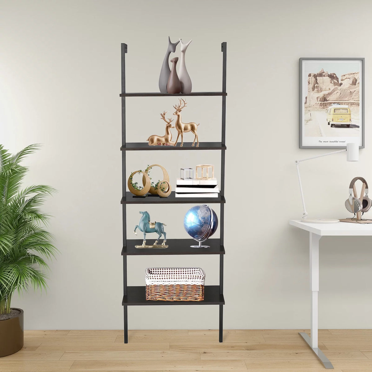 Dark Walnut 5-Shelf Wood Ladder Bookcase with Metal Frame W154175