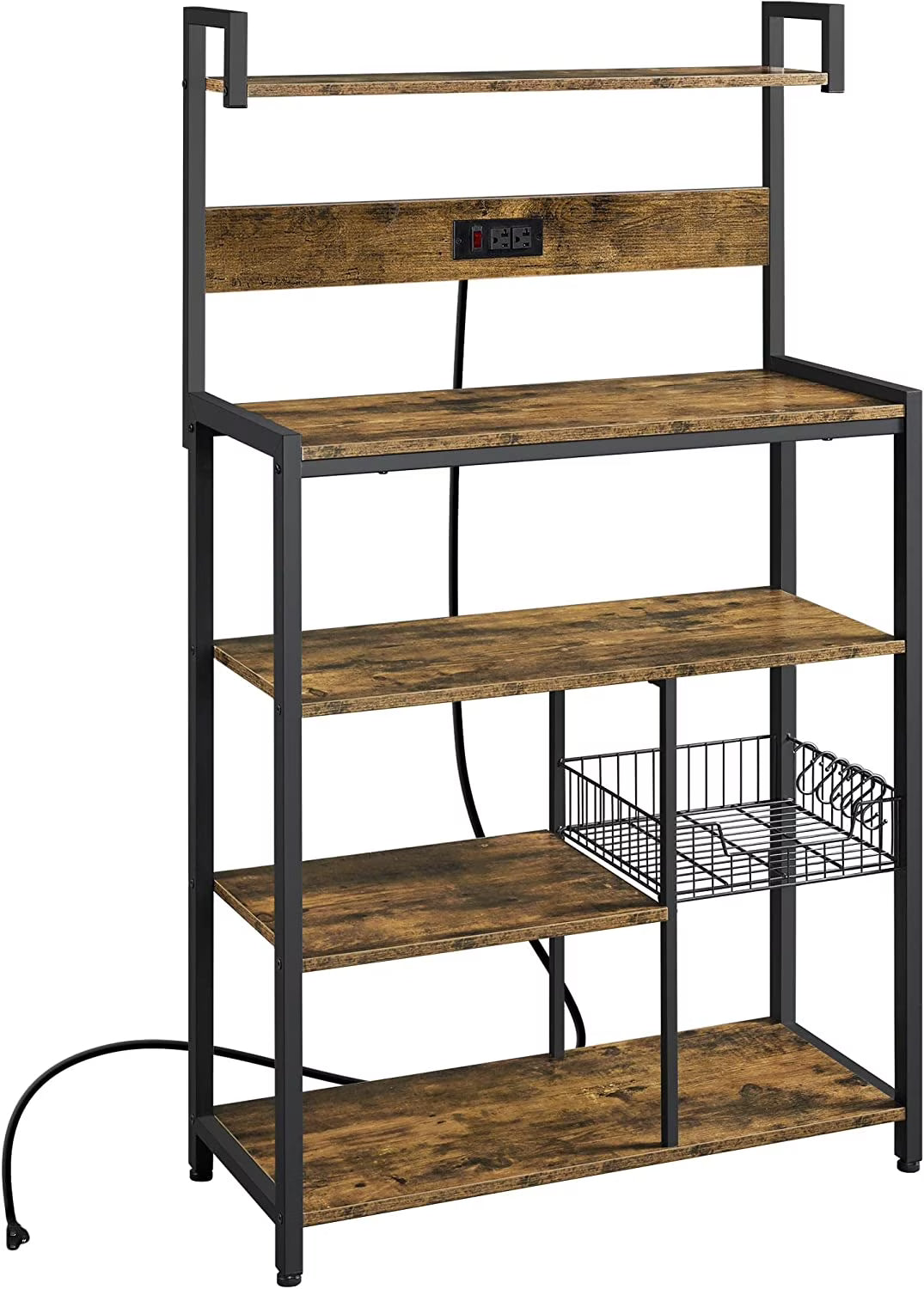 Rustic Brown 5-Tier Bakers Rack with Power Outlet R426