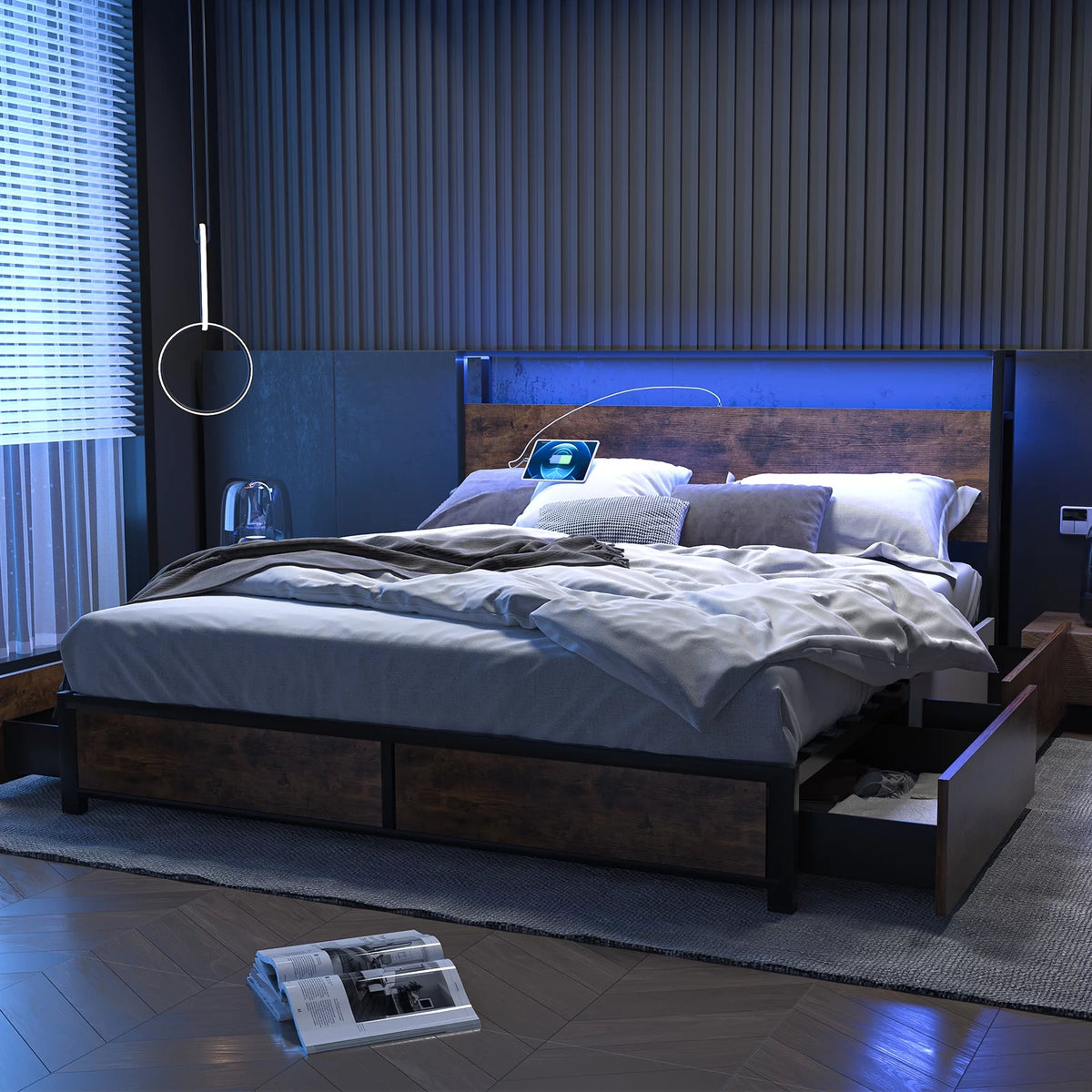 Queen Size LED Metal Bed Frame with 4 Storage Drawers and Headboard L508593