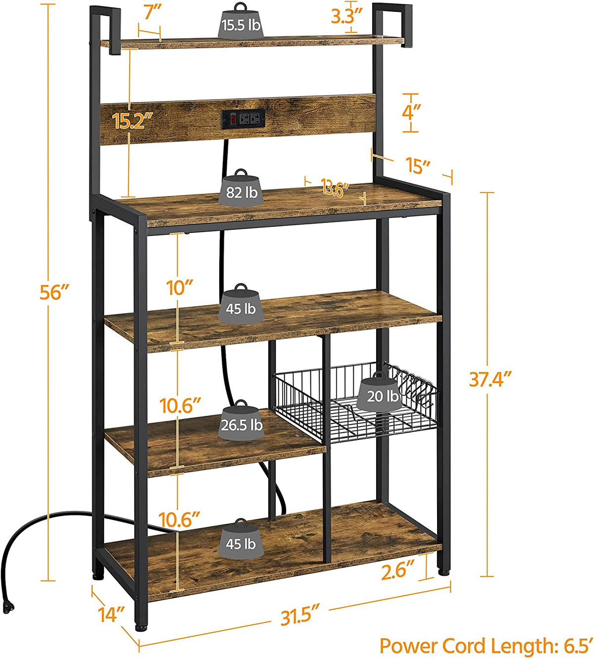Rustic Brown 5-Tier Bakers Rack with Power Outlet R426