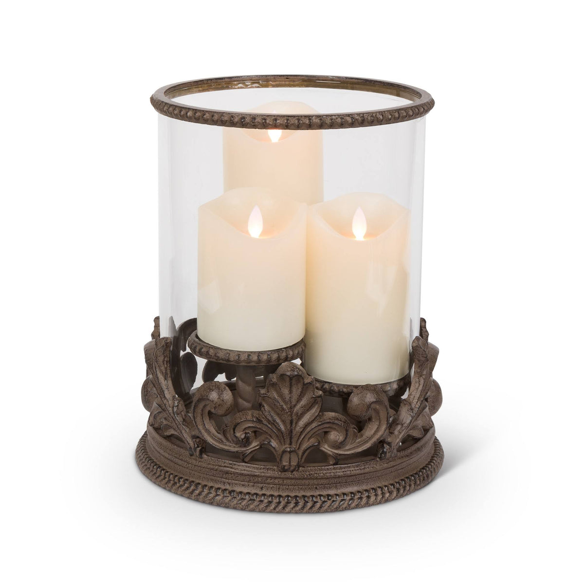 Metal Acanthus Triple Candle Holder with Glass Hurricane N209