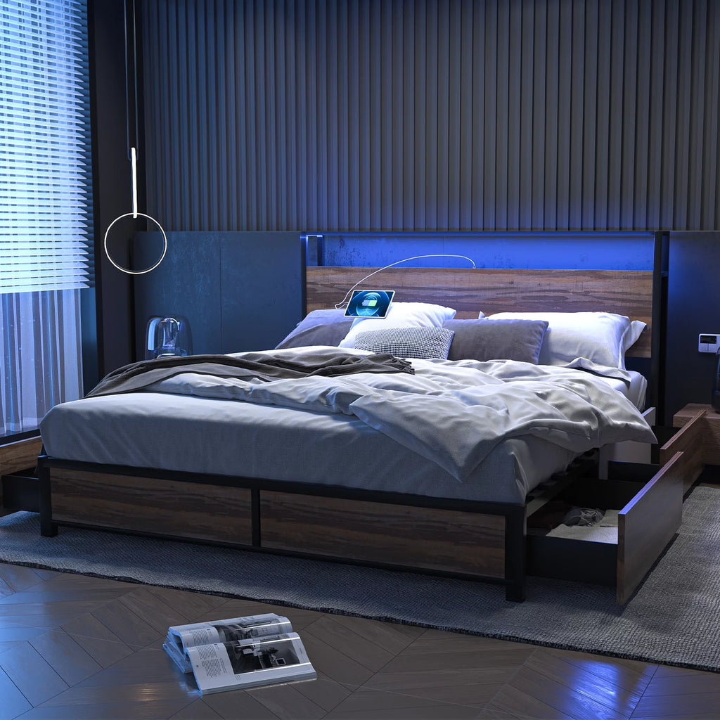 Queen Size LED Metal Bed Frame with 4 Storage Drawers and Headboard L508593