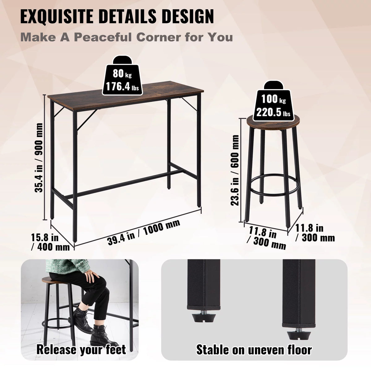 Rustic Brown 3 Piece Bar Table and Chairs Set P17076