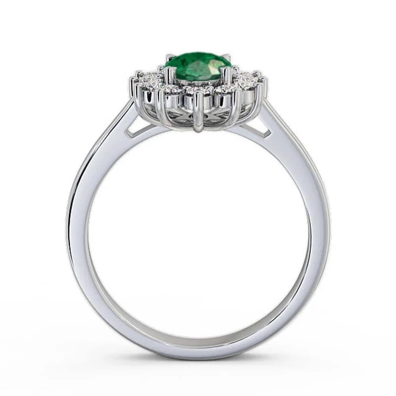 14K White Gold Oval Shape Natural Emerald Diamond Ring K139503