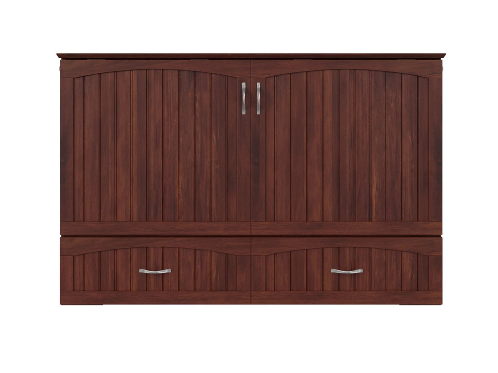 Queen Wood Murphy Bed Chest with Mattress, Drawer & Charger in Walnut L742