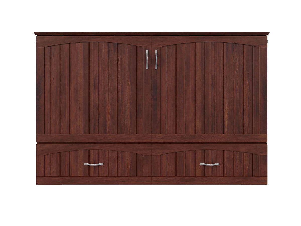 Queen Wood Murphy Bed Chest with Mattress, Drawer & Charger in Walnut L742