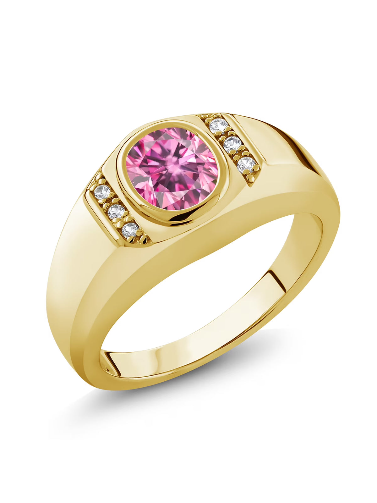 18K Yellow Gold Plated Silver Oval Pink Moissanite and Created Sapphire Ring P69810
