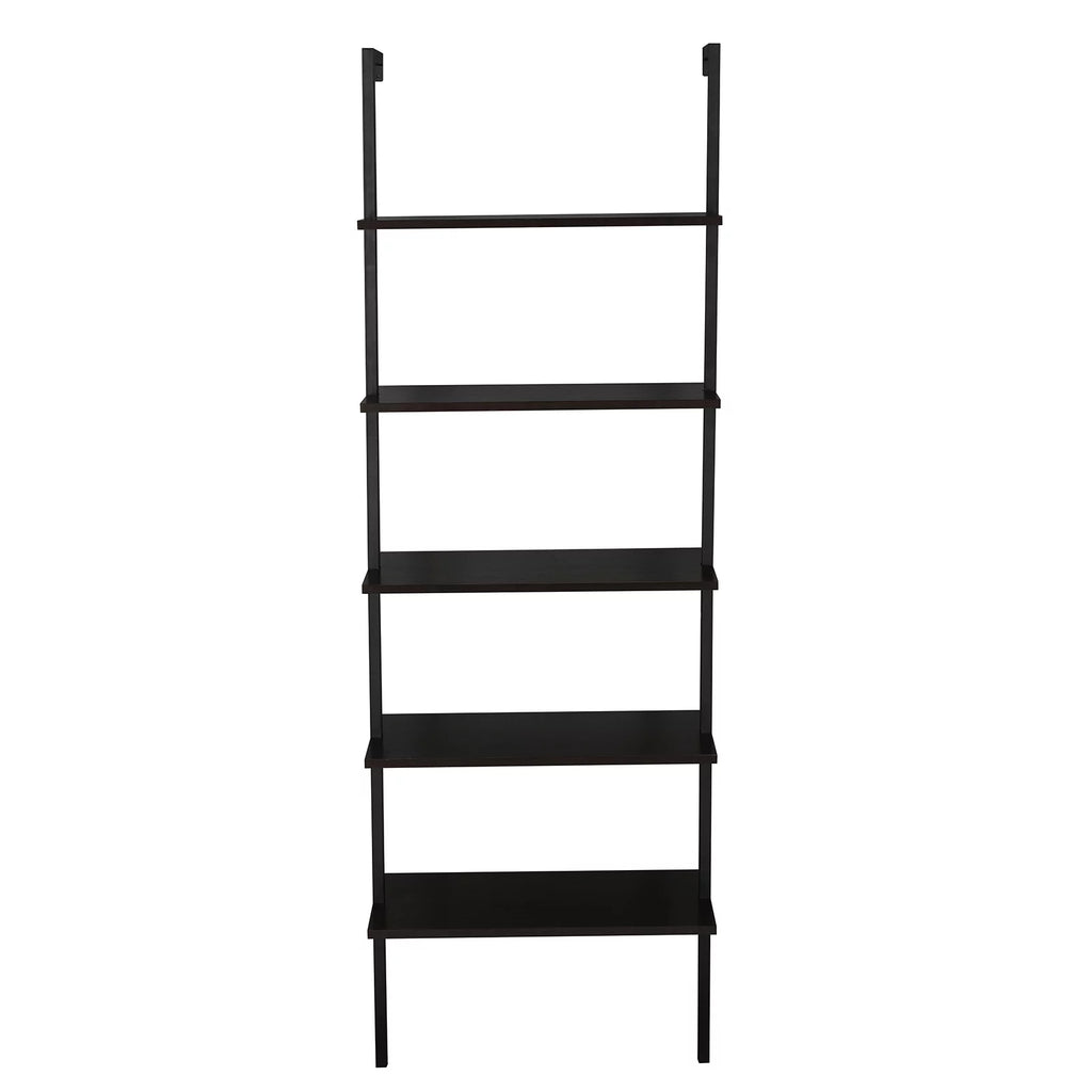 Dark Walnut 5-Shelf Wood Ladder Bookcase with Metal Frame W154175