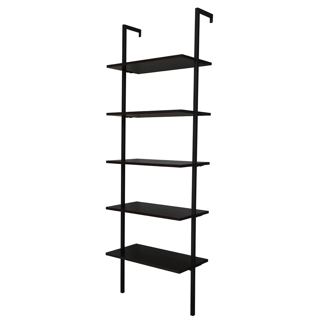 Dark Walnut 5-Shelf Wood Ladder Bookcase with Metal Frame W154175