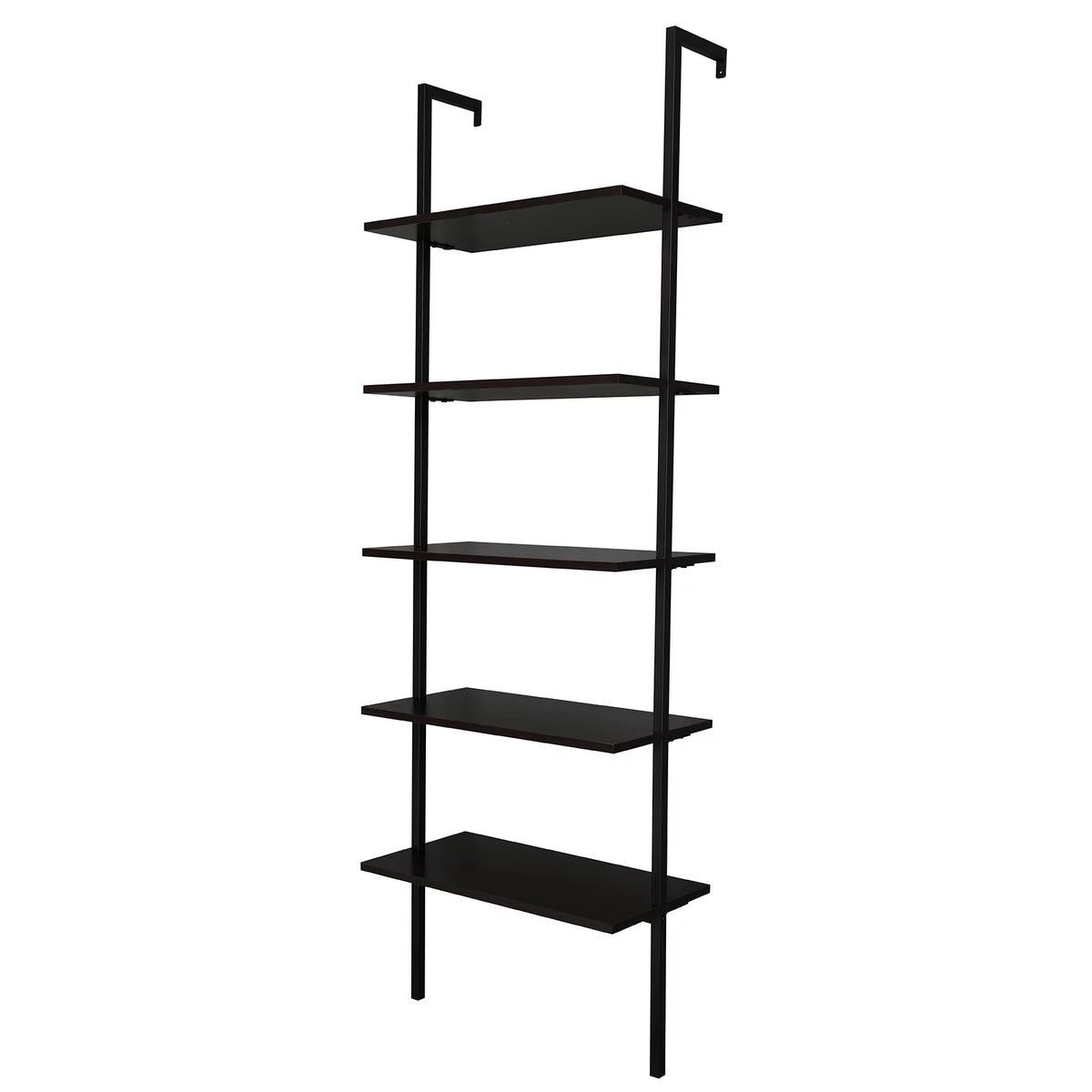 Dark Walnut 5-Shelf Wood Ladder Bookcase with Metal Frame W154175