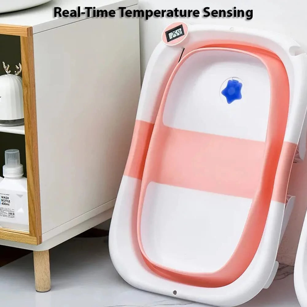 Collapsible Newborn Baby Bathtub with Pillow Cushion Support Bath Net Temperature Sensor Pink D569019