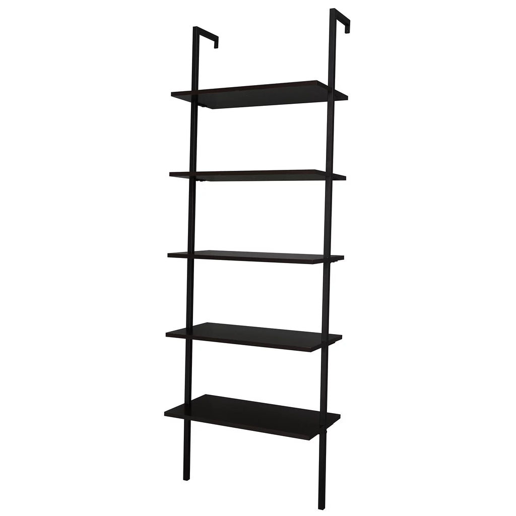Dark Walnut 5-Shelf Wood Ladder Bookcase with Metal Frame W154175