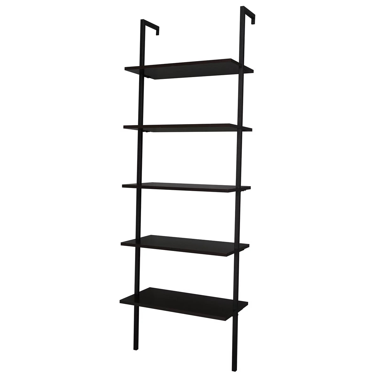 Dark Walnut 5-Shelf Wood Ladder Bookcase with Metal Frame W154175