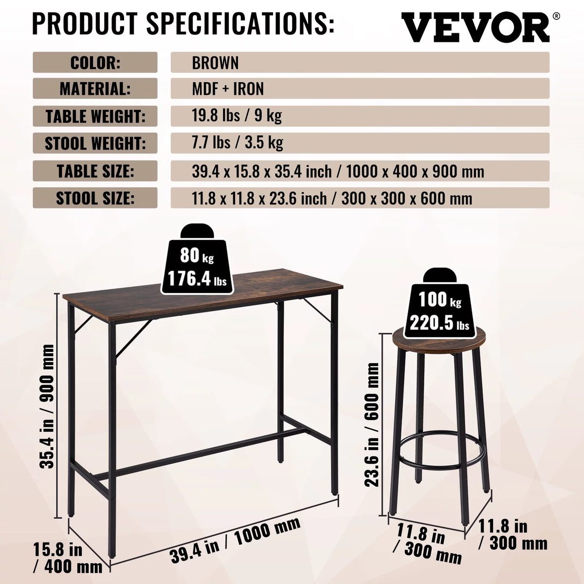 Rustic Brown 3 Piece Bar Table and Chairs Set P17076