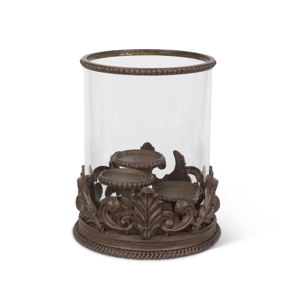 Metal Acanthus Triple Candle Holder with Glass Hurricane N209