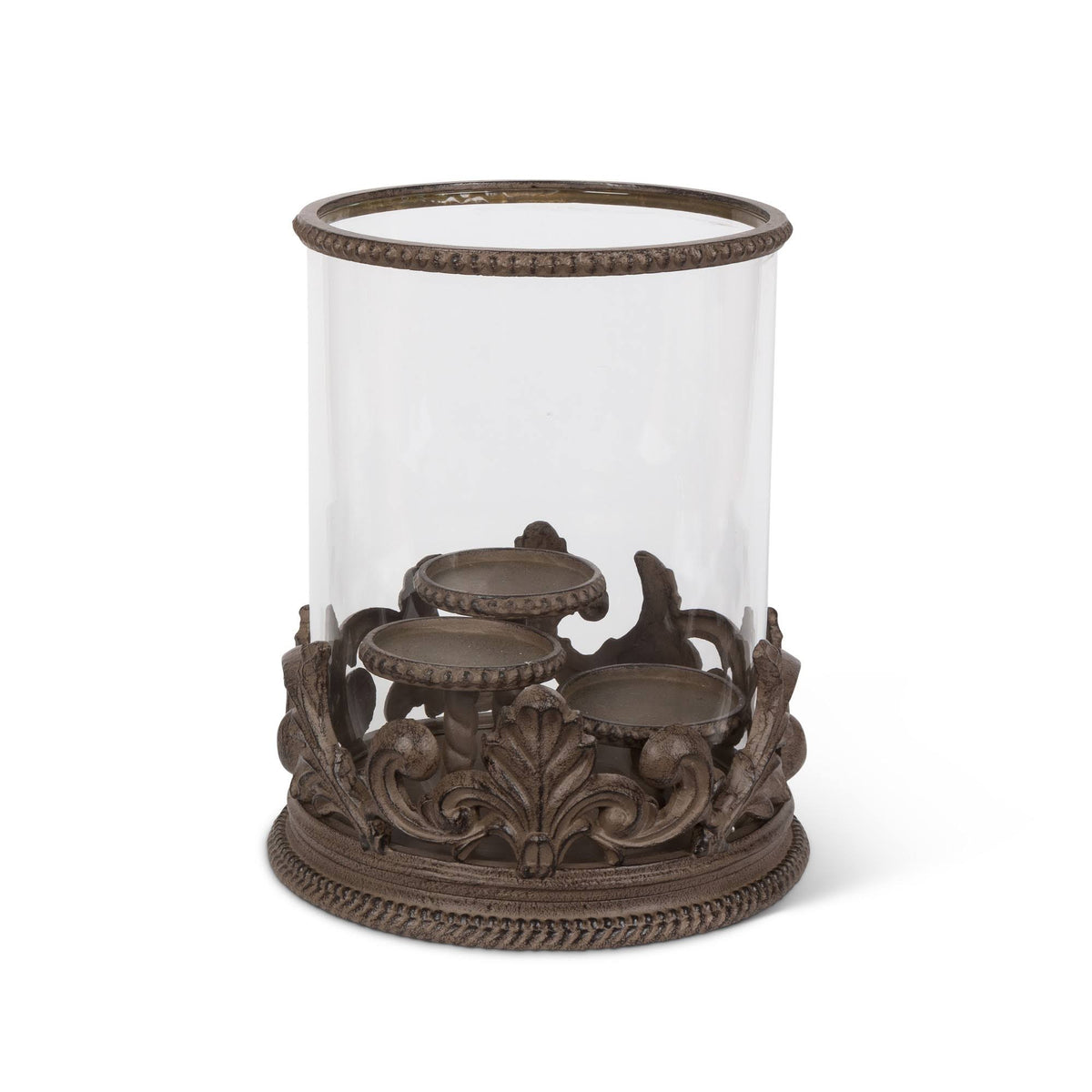 Metal Acanthus Triple Candle Holder with Glass Hurricane N209