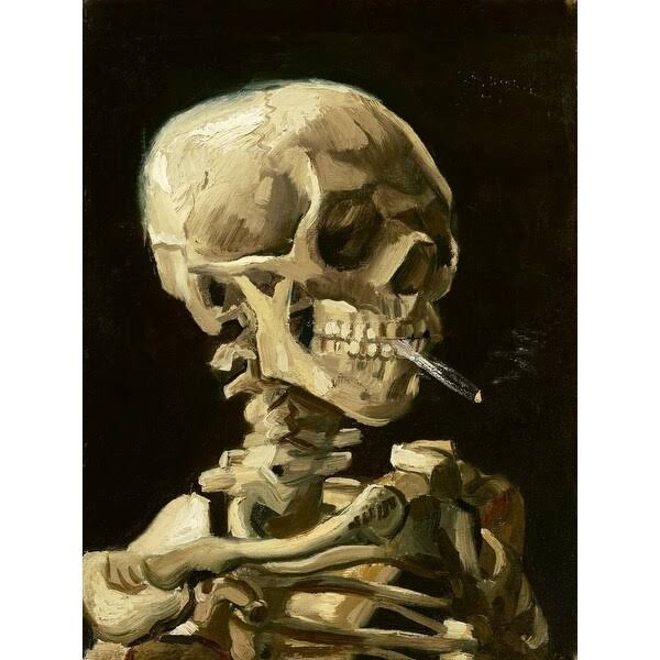 Skull with Burning Cigarette Canvas Art - 32 x 24 - Black Frame E4212