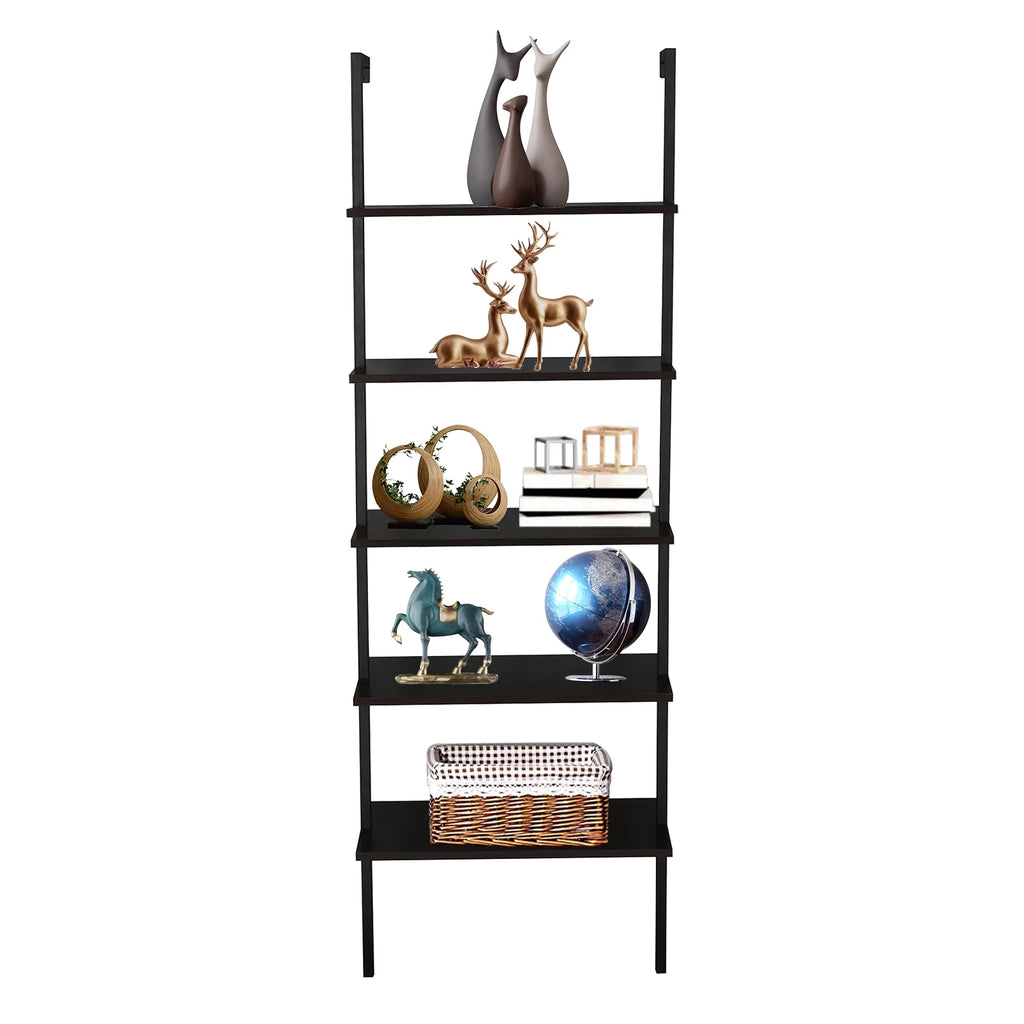 Dark Walnut 5-Shelf Wood Ladder Bookcase with Metal Frame W154175