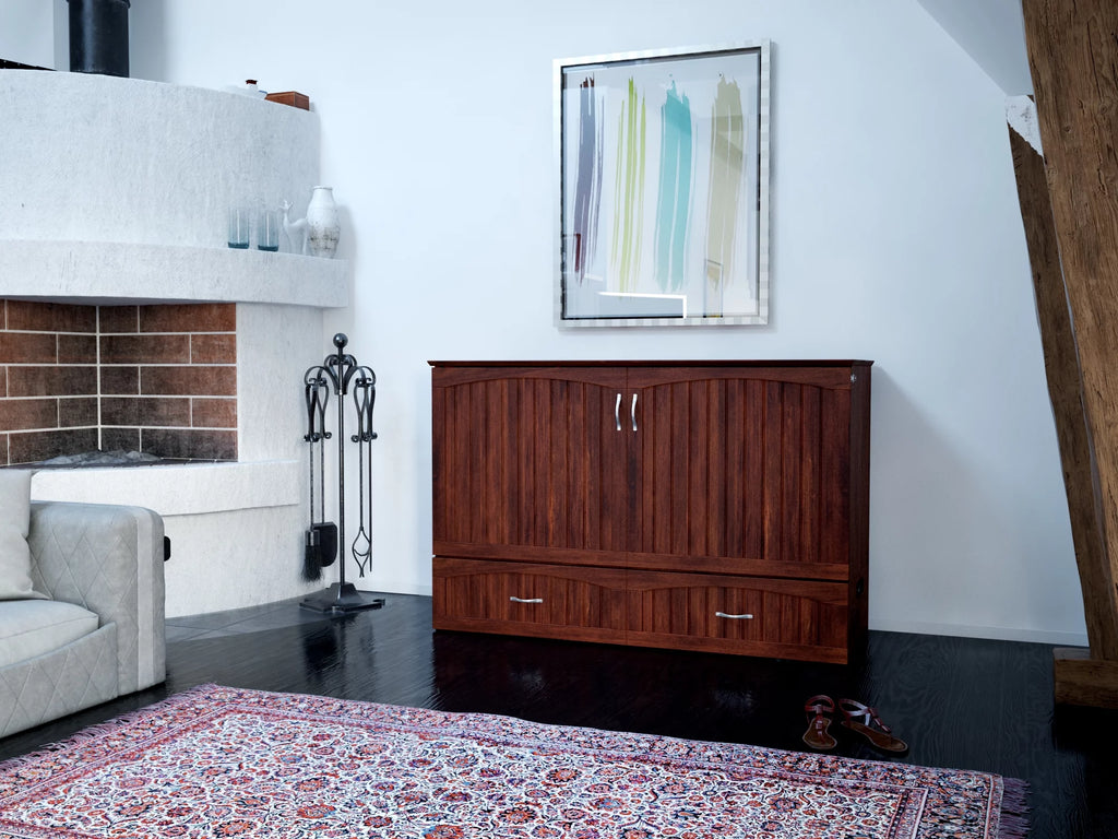 Queen Wood Murphy Bed Chest with Mattress, Drawer & Charger in Walnut L742