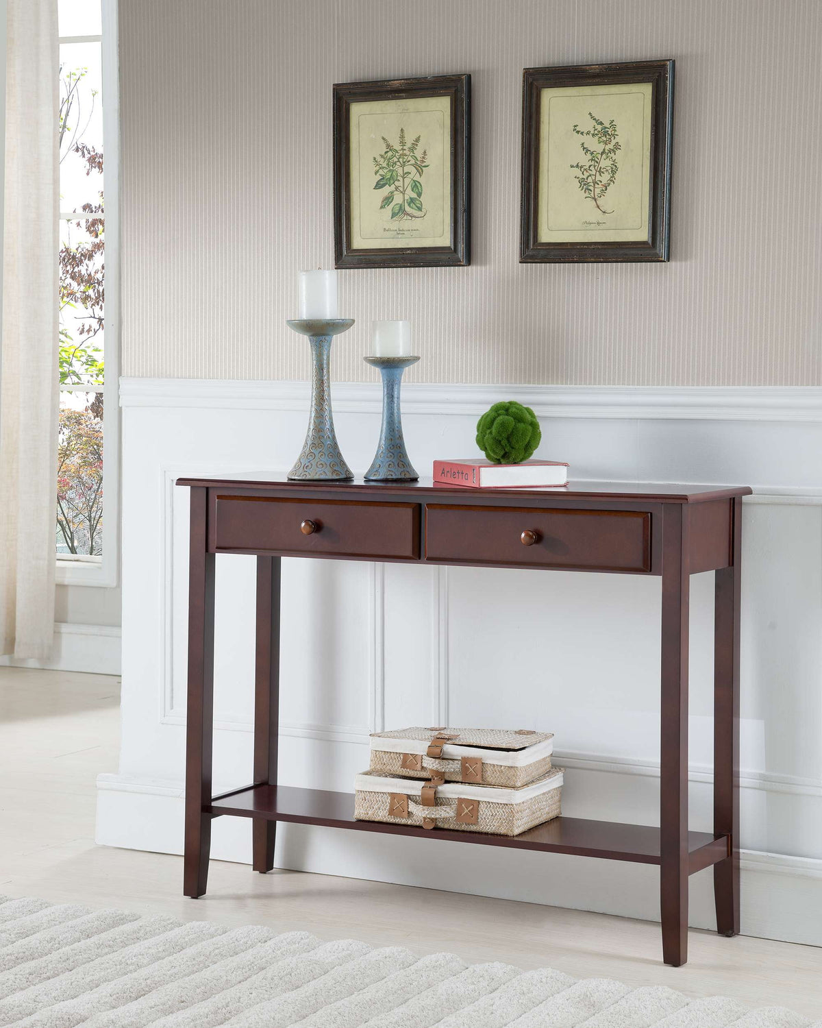 Wood Console Entryway Table with 2 Drawers & Lower Shelf B24807