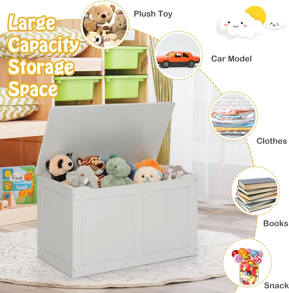 Wooden Toy Box Storage Truck Bench with Flip-Top Lid H4028