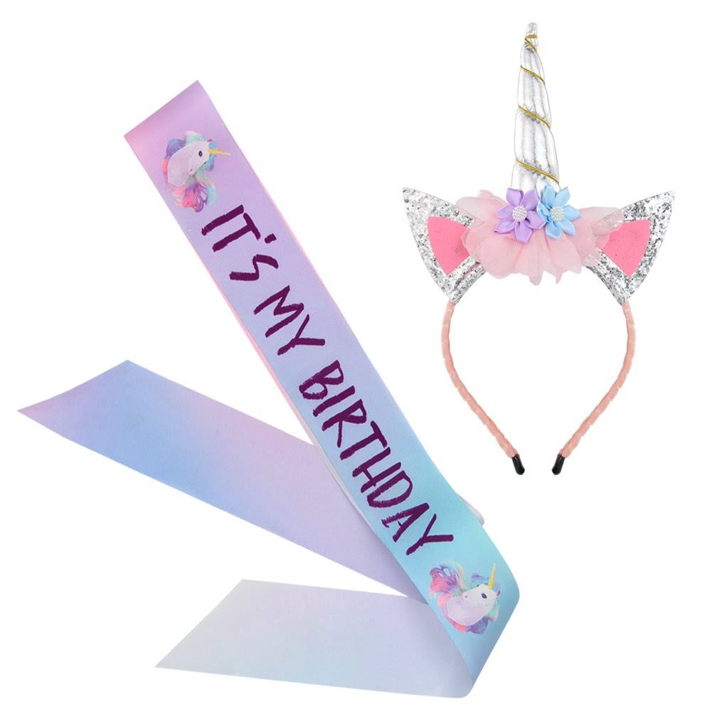 Silver Unicorn Headband and Birthday Sash Set O4529